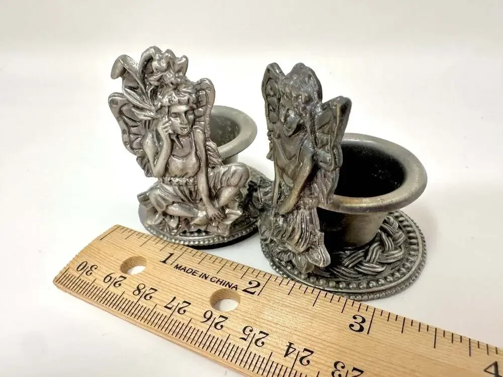 Pixie Fairies of the Woods Cast Pewter Vintage Candle Holders set of 2 fairycore